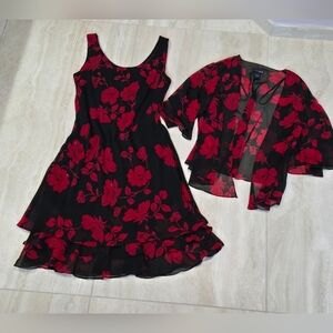 Vintage Eva Blue Red Vampire Flowy Fairy Dress With Cardigan